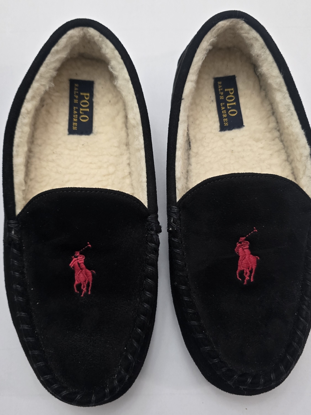 Polo by Ralph Lauren Black Suede Slip-On Loafers with Red Pony